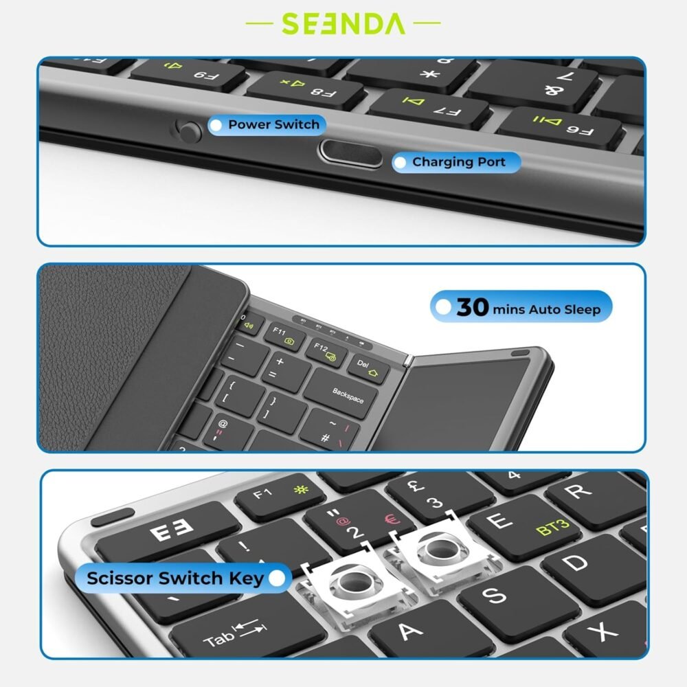 Seenda Foldable Bluetooth Keyboard with Touchpad, Folding Portable Travel Rechargeable Wireless Mini Keyboard UK Layout for iOS Android Windows PC Tablet Mobile Phone iphone ipad, Black - Image 6