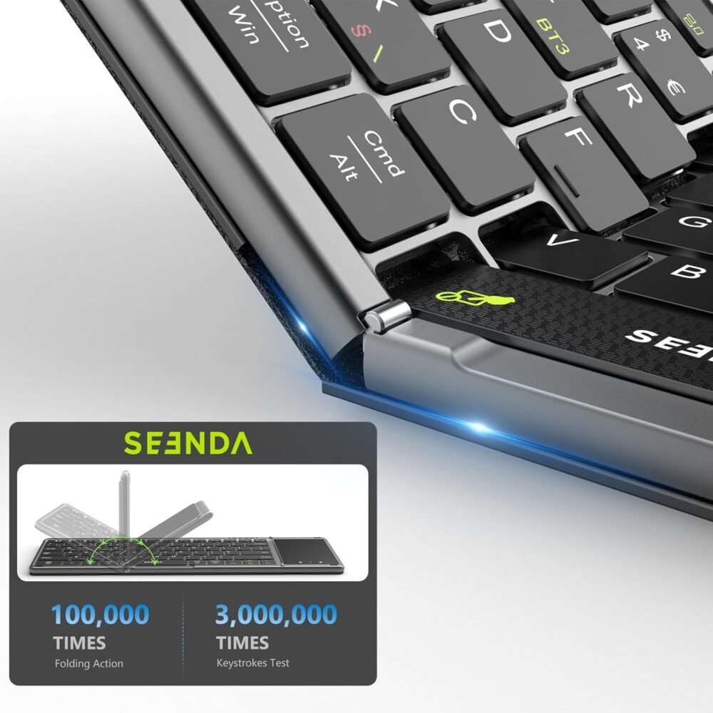 Seenda Foldable Bluetooth Keyboard with Touchpad, Folding Portable Travel Rechargeable Wireless Mini Keyboard UK Layout for iOS Android Windows PC Tablet Mobile Phone iphone ipad, Black - Image 7