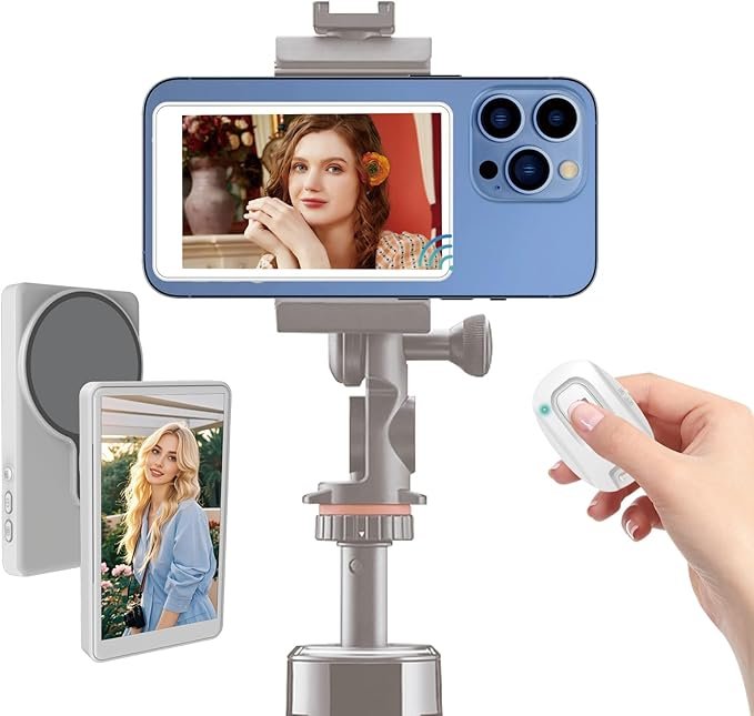 Phone Vlog Selfie Monitor Screen, Magnetic Selfie Screen with Remote Control, Wireless Sync Back Camera Monitor Built-in Speaker for Vlog Live Stream TikTok, Compatible with iPhone&Android（White）