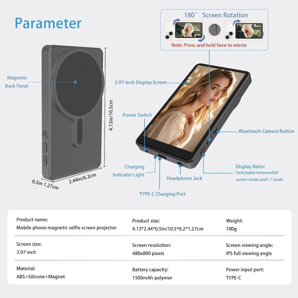 Phone Vlog Selfie Monitor Screen, Magnetic Selfie Screen with Remote Control, Wireless Sync Back Camera Monitor Built-in Speaker for Vlog Live Stream TikTok, Compatible with iPhone&Android（White） - Image 9